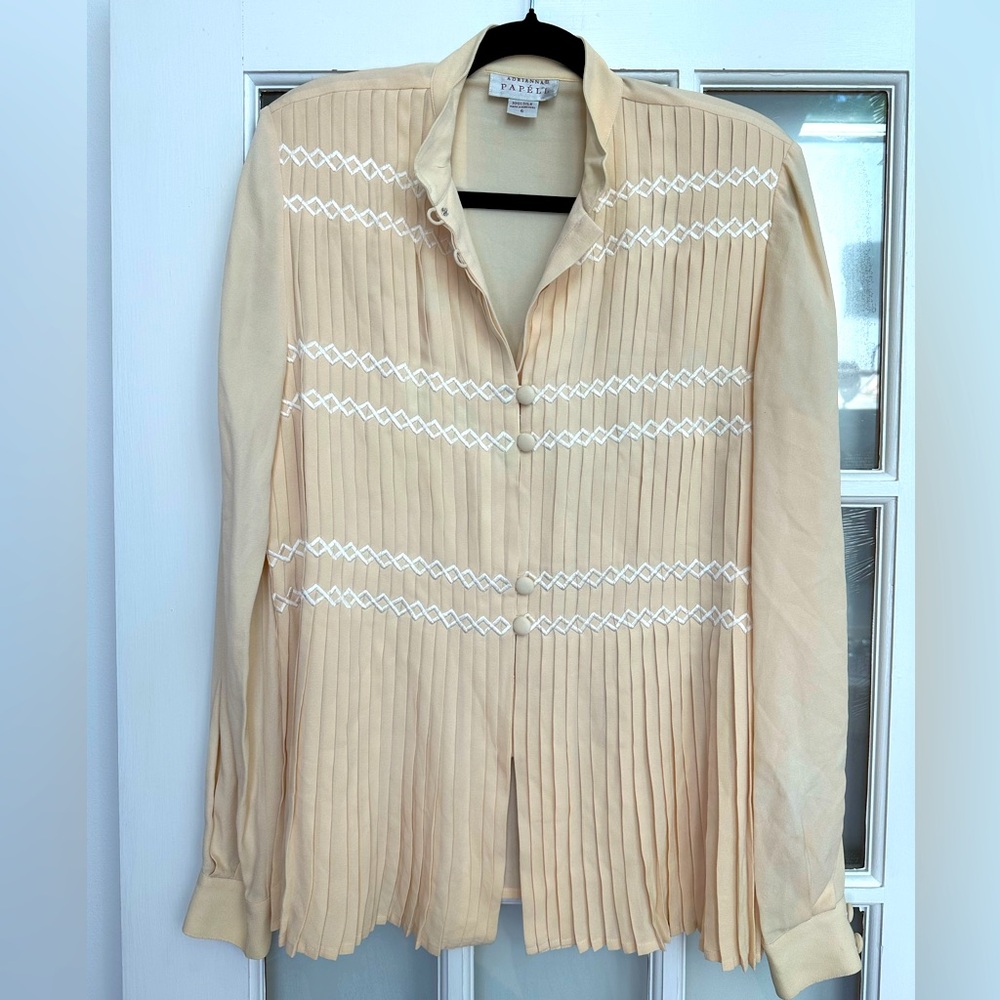 Vintage Adrianna Papell 100% Silk Boho Retro Button Down Pleated Blouse Size 6